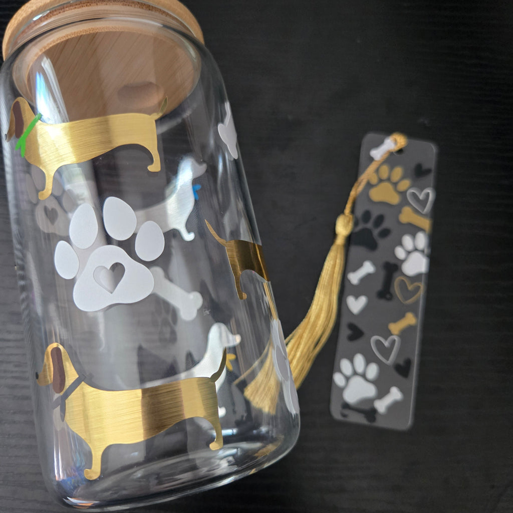 Ensemble verre 16 oz + marque page acrylique - Passion Teckel